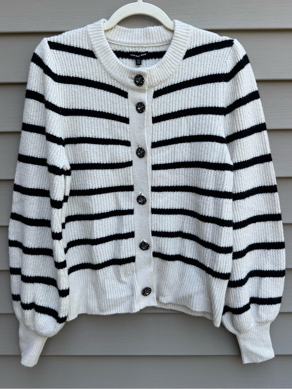 Who What Wear NWT Cream Black Striped Jeweled Button Cardigan M